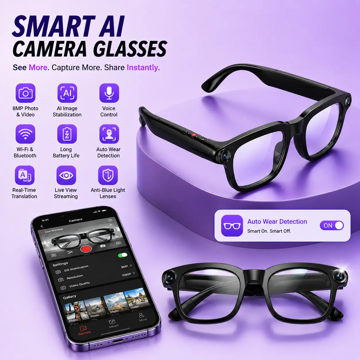 AI Smart Glasses with 8MP Camera & 1080P Video Recording, Photochromic Lenses, Voice Assistant, Smart Wear Detection touch sunglass button control pro