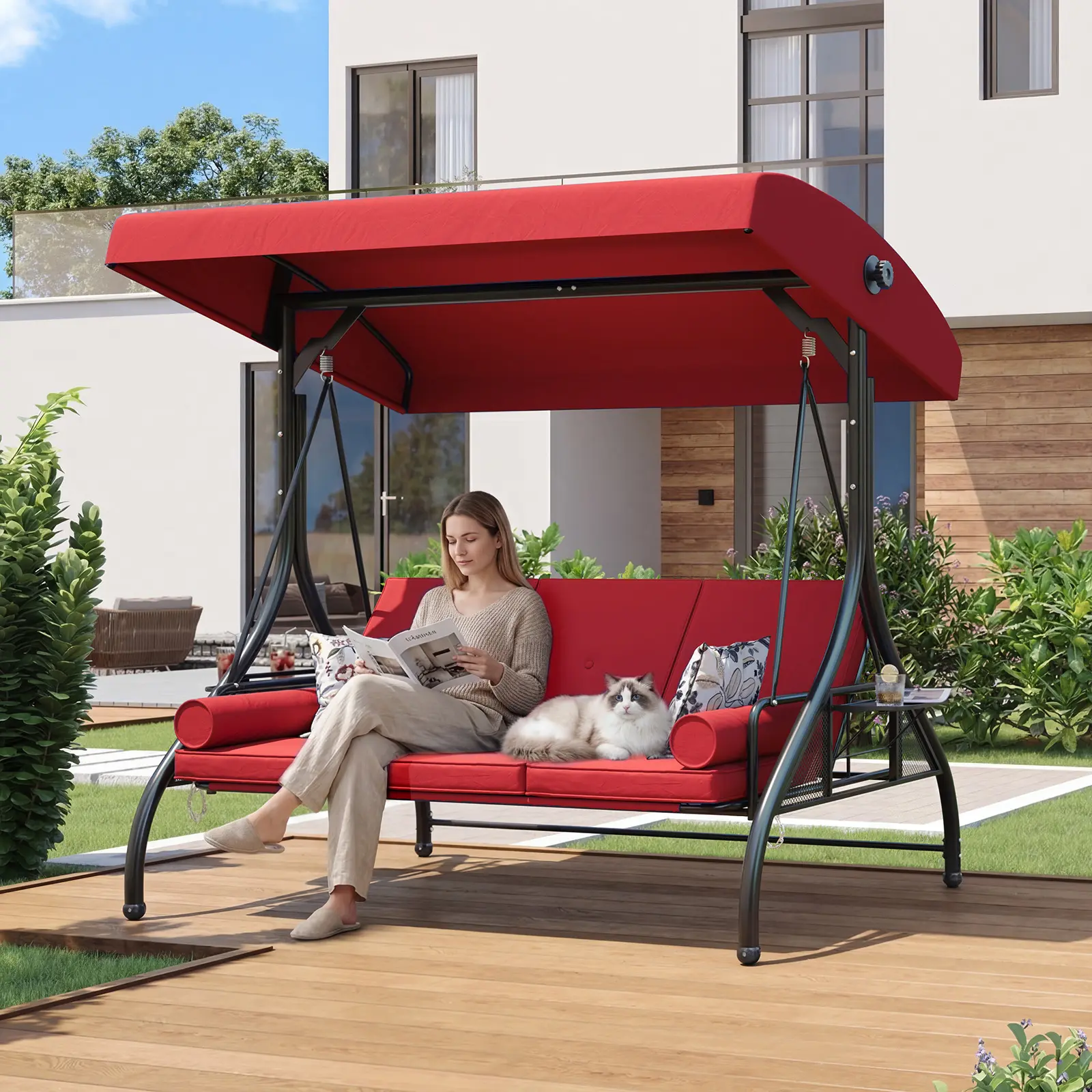 Aoxun 3-Seat Outdoor Swing Chair for Adults - Stable Steel Frame, Canopy, Cup Holder, 2-in-1 Convertible Porch Bed, Thick Cushions, 800lbs Load Glider Patio Swings (Gray, Blue), Porch Bed Swing