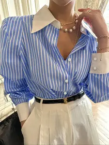 A ladies' blue striped patchwork collar woven women's blouse, loose and casual, suitable for versatile daily wear, Shirt