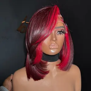 Highlights Red 99J Colored Bob Wig Human Hair 180% Density 13x4 Lace Frontal Wig Human Hair Wig For Women Burgundy Transparent Thin Lace Pre-Plucked Short Bob Wig