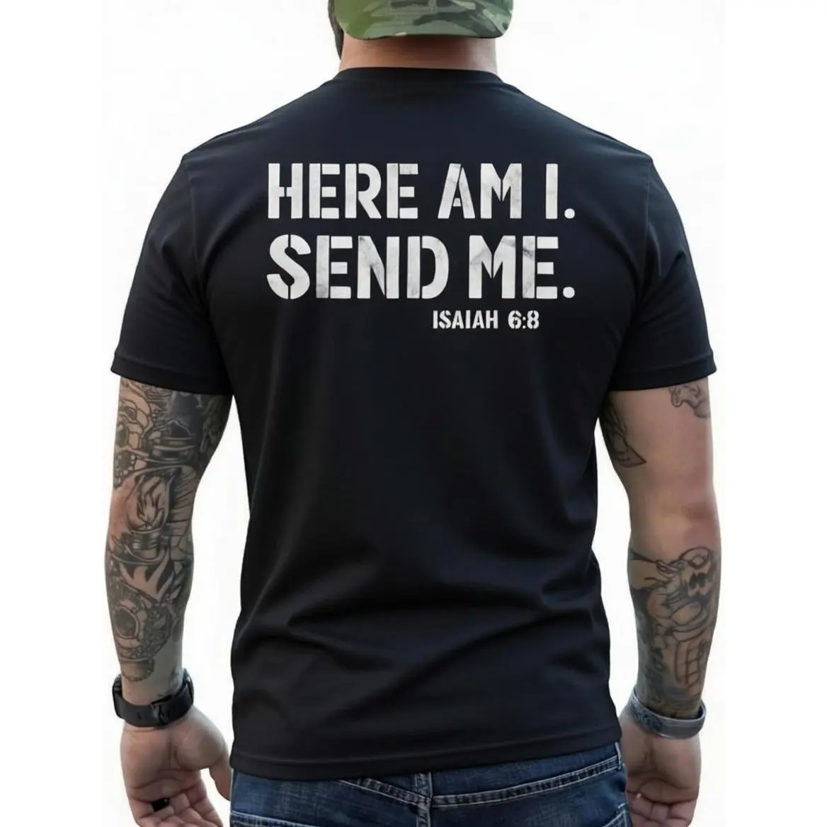 Men's Classic Soft Breathable "Here Am I Send Me" Faith Graphic Top, Isaiah 6-8 Christian Bible Verse Short-Sleeve Crewneck Menswear, Father's Day Gift for Dad