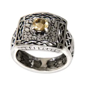 Novica Artisan Handmade .925 Sterling Silver Citrine Cocktail Ring Metallic Yellow Indonesia Gemstone Birthstone 'Bali Temple'