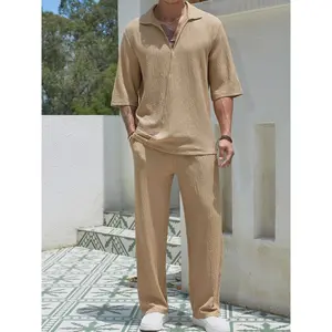 Men's Solid Textured Jacquard Collared Blouse & Drawstring Pocket Pants Set, Casual Regular Fit Half Sleeve Top & Elastic Waist Trousers for Spring & Summer, Men's Clothes
