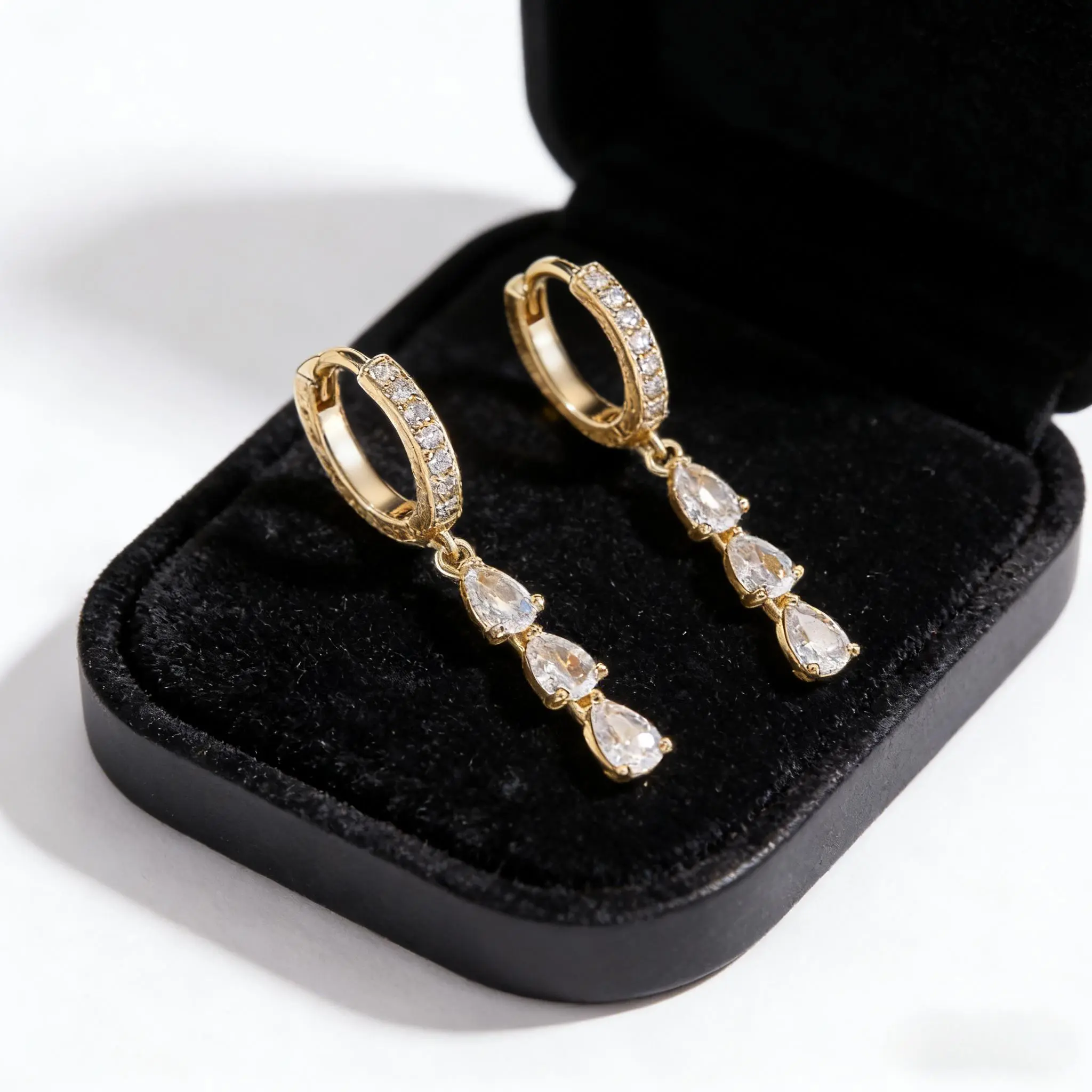 Gold Plated CZ Teardrop Huggie Dangle Earrings | Dainty Trendy Design | Hypoallergenic & Waterproof | Perfect for Prom & Formal Wear