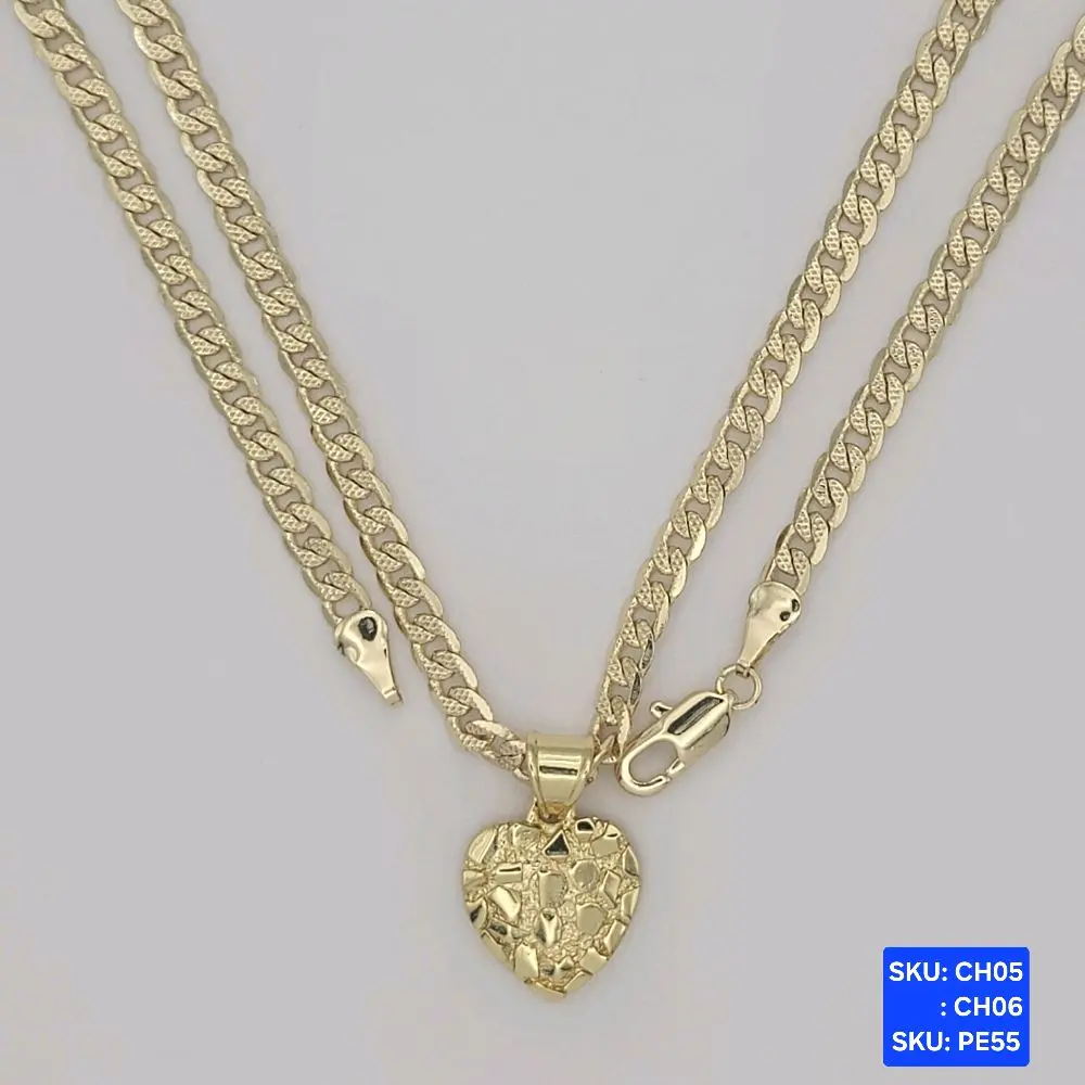 Nugget Heart Mediun Pendant Gold Plated,  Chain Cuban link Style Select size 24 & 18 inches 4mm wide Gold Plated, SKU: CH05, CH06 SKU: PE55