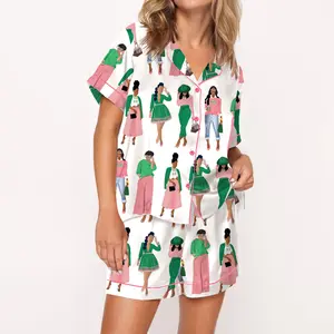 AKA Sisterhood Satin Pajama Set For Women Print Comfy Satin Sleepwear & Loungewear Pjs Printing Silky Top & Bottoms - SHESHOW