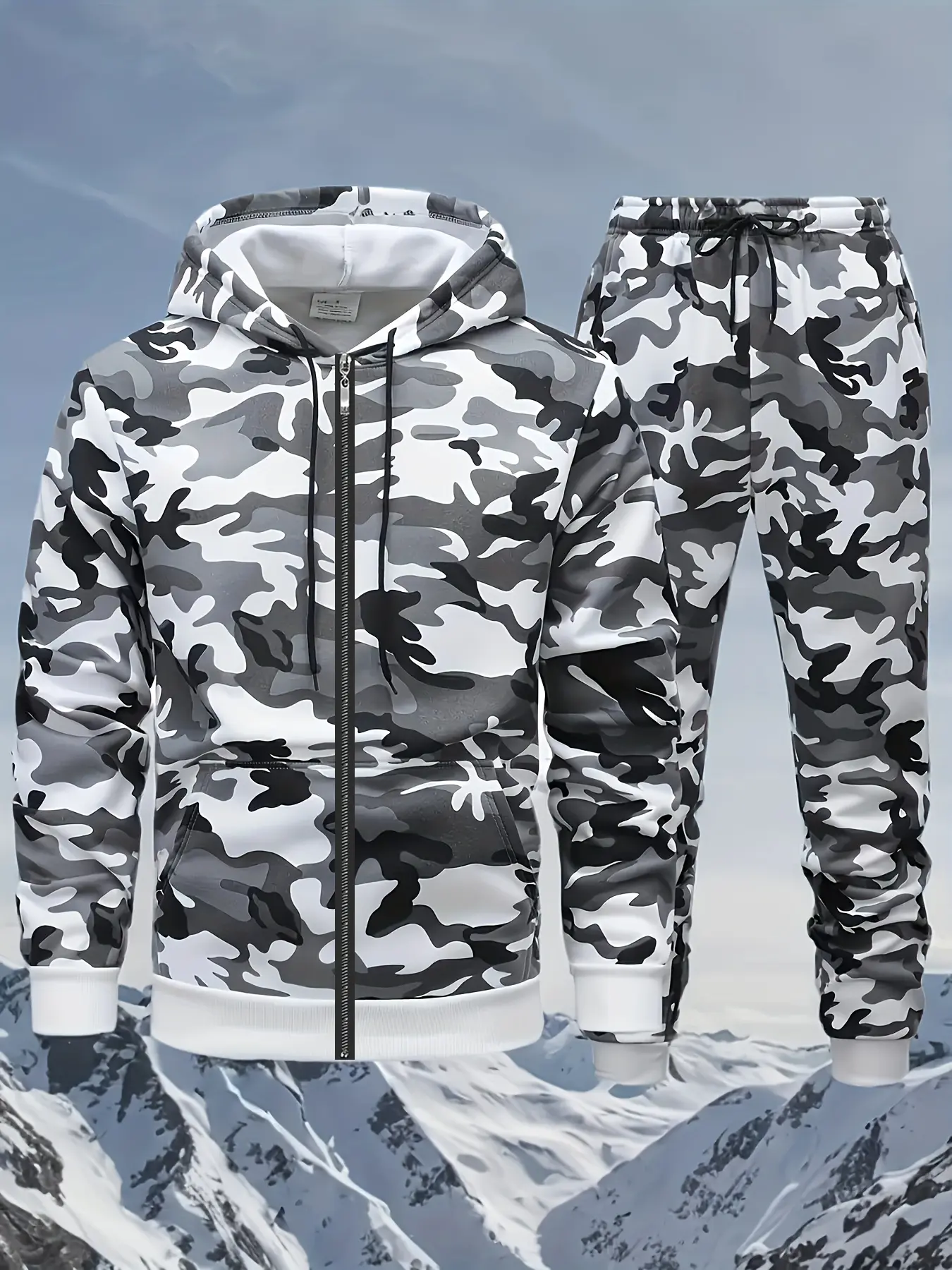 Male 2-Piece Camouflage Activewear Loungewear Set - Casual Fit Polyester Hoodie and Pants Combo, Long-Sleeve Hoodie, Zippered Sweatpants, Machine Washable, Suitable for Spring/Autumn, Matching, Longsleeves, Outerwear, Cool Iron, Gym Wear