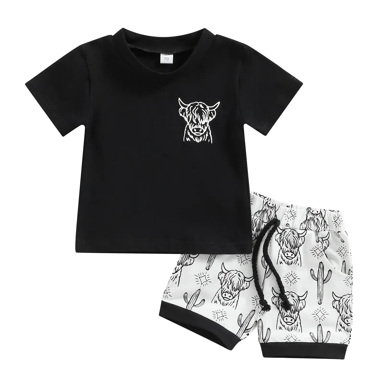 Baby Boys Short Set, Short Sleeve Bull Head Print T-shirt with Cactus Print Shorts Summer Outfit