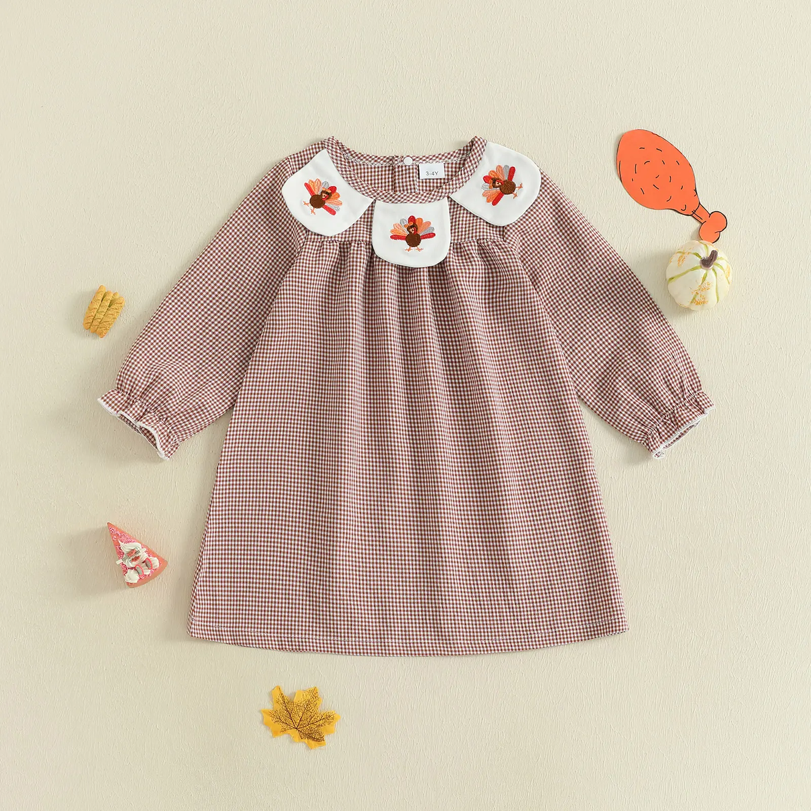 Toddler Baby Little Kids Girl Thanksgiving Plaid Dress Turkey Embroidery Long Sleeves A Line Dress Fall 2-7 Years