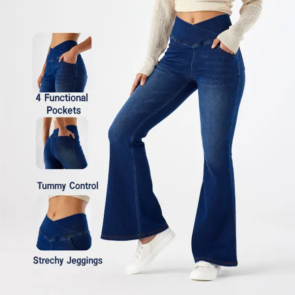 Women's High-Waisted Stretchy Denim Jeggings - Slim-Fitting, Tummy Control Bottom with Seam Pockets, 30% Polyester Elastane, Pilates-Friendly Fit, Yoga & Run, All Seasons, Cold Wash Compatible