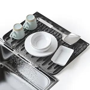 Dish Drying Mat for Kitchen Counter, 15.8" x 12.5" Non-Slip Silicone Pad with Built-in Drain, Heat Resistant Drying Mat