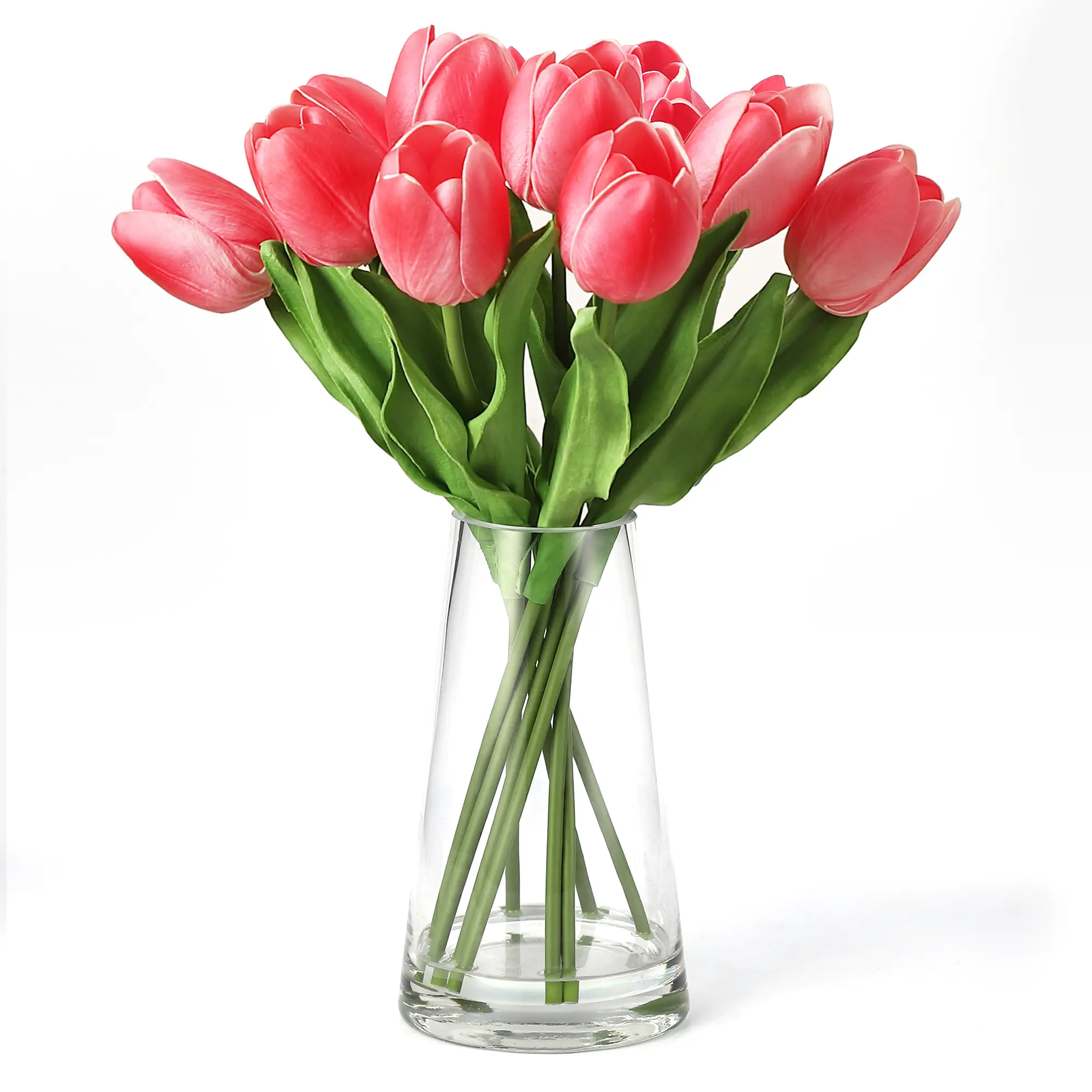 Real Touch Tulip Artificial Flowers in Glass Vase with Fake Water, 10 Stems Realistic Fake Tulip, Home Décor Centerpiece for Wedding, Table, Living Room，Rose Red/White/Yellow