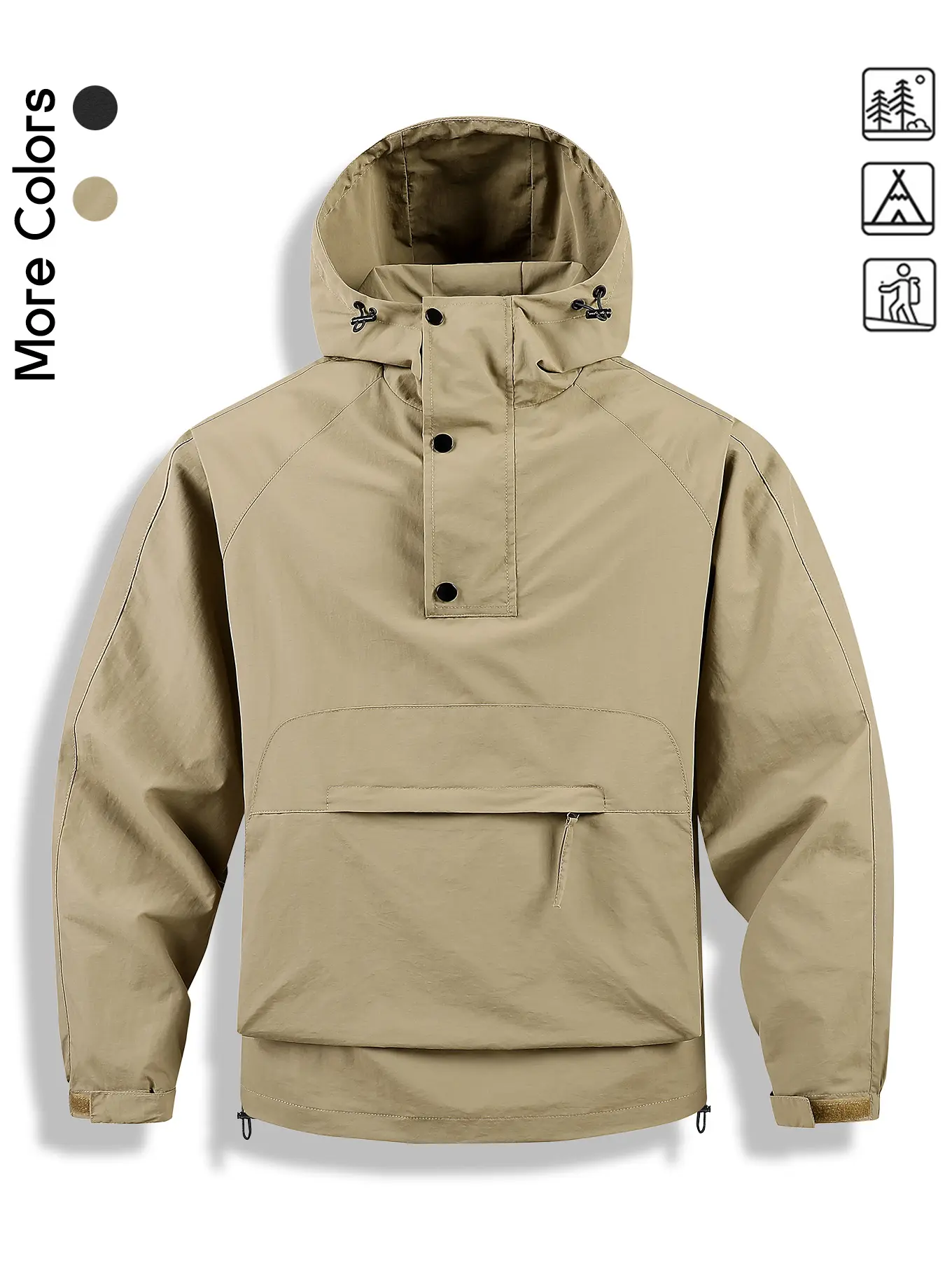 Men's Outdoor Tactical Anorak Jacket - Water-Resistant Quarter-Zip Pullover Hooded Windbreaker with Kangaroo Pocket, Adjustable Hem, Velcro Cuffs