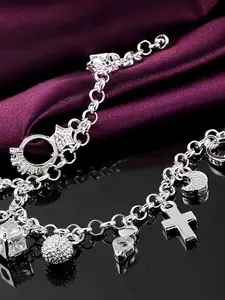 Elegant 925 Sterling Silver Heart Key Pendant Bracelet, Women's Fashion Jewelry, Bohemian Style, Shiny Silver Color, Perfect Gift