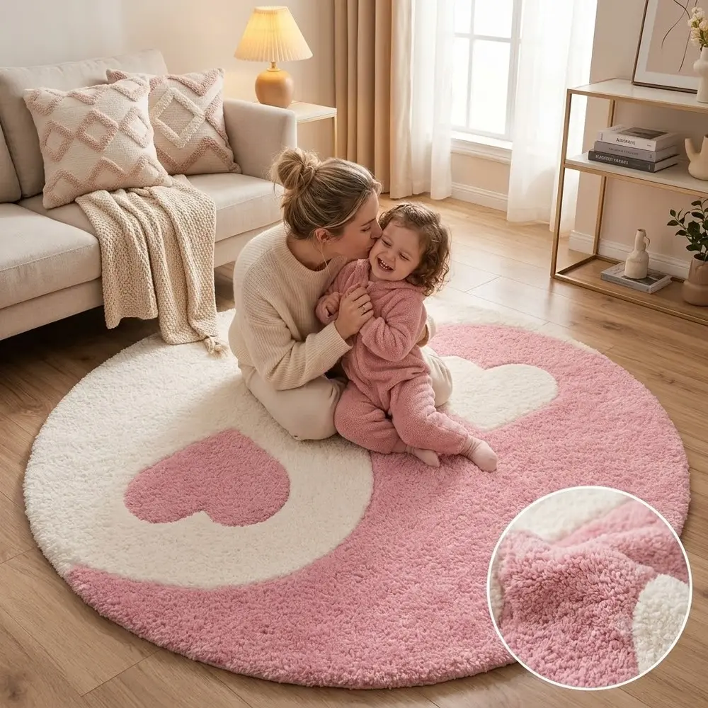 Pink White Heart Yin Yang Round Velvet Area Rug, Soft Non-Slip Circular Floor Mat, Aesthetic Decor for Girls' Bedrooms tapetes de cocina