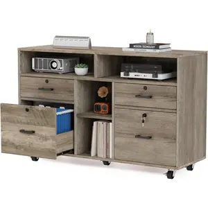 VINGLI Wide 4 Drawer File Cabinet with Lock, Rustic Grey Rolling File Cabinet with Open Shelves, Lockable Printer Stand, Letter Sized