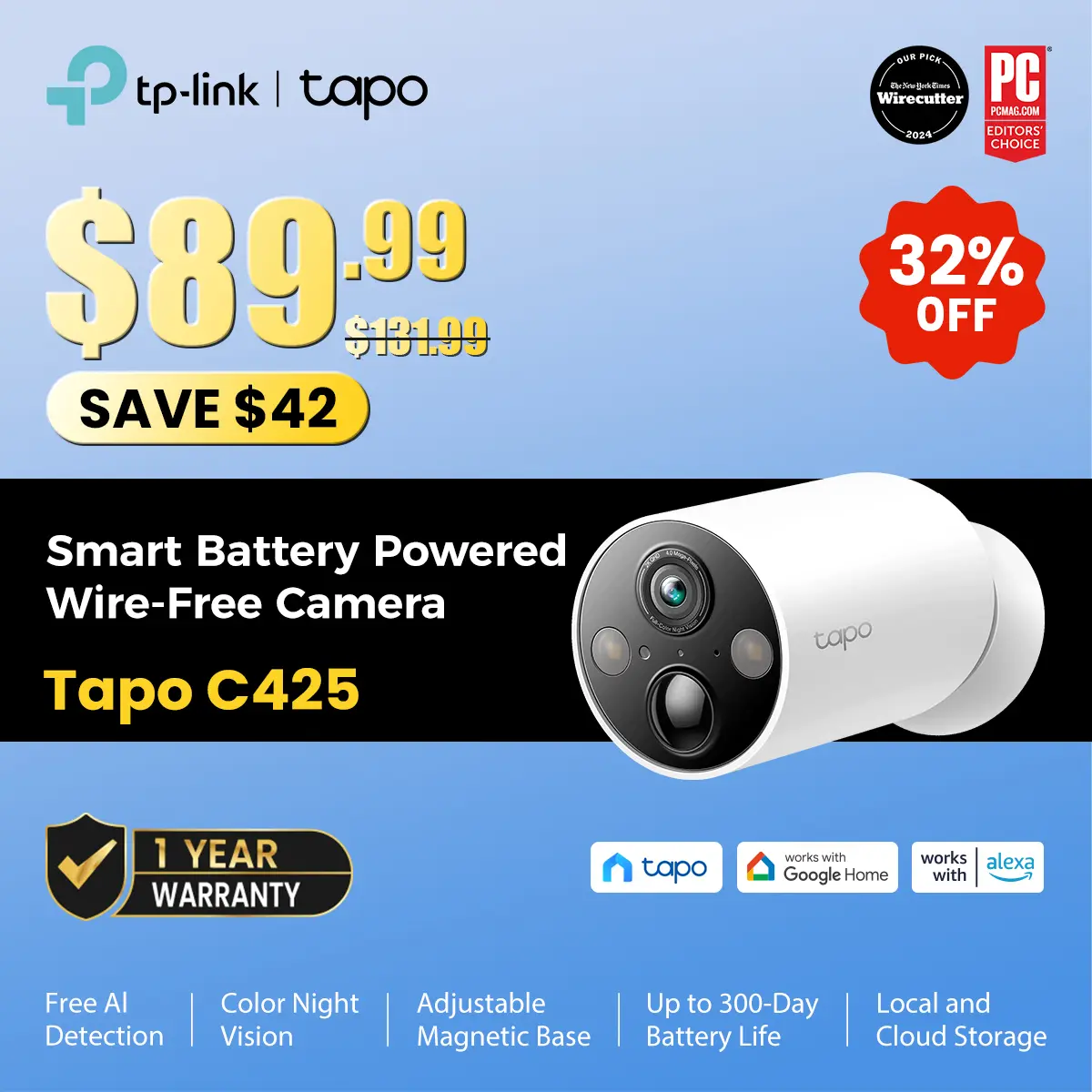 TP-Link & Tapo C425 - Editors’ Choice 2K QHD Wireless Outdoor Security Camera with Magnetic Mount, Long-Lasting Battery, AI Detection, 150° FOV, Color Night Vision, IP66 Weatherproof,back to school,back to school haul