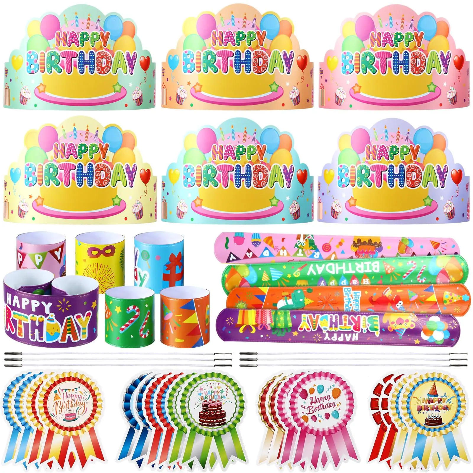 36 Sets Classroom Birthday Party Favors, Back to School Class Paper Birthday Crowns with Adjustable Elastic Band Badge Stickers Slap Bracelets, Birthday Hats Party Supplies Decor Birthday Gifts from Teacher for Kindergarten Preschool Elementary Student