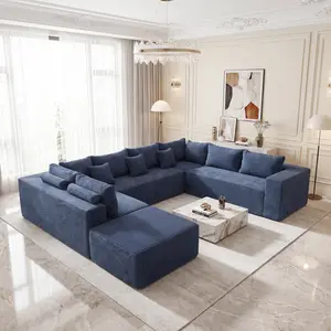 【JOYVELLEHEIM】U-Shaped Modular Sectional Sofa, 135" 6-Seater Boneless Couch with Ottoman & Chaise, 28" Deep Seat, Blue Corduroy Upholstery, Non-Slip Texture, No Assembly Required Living Room Furniture & Decor, Living Room Decor, Furniture Living Room