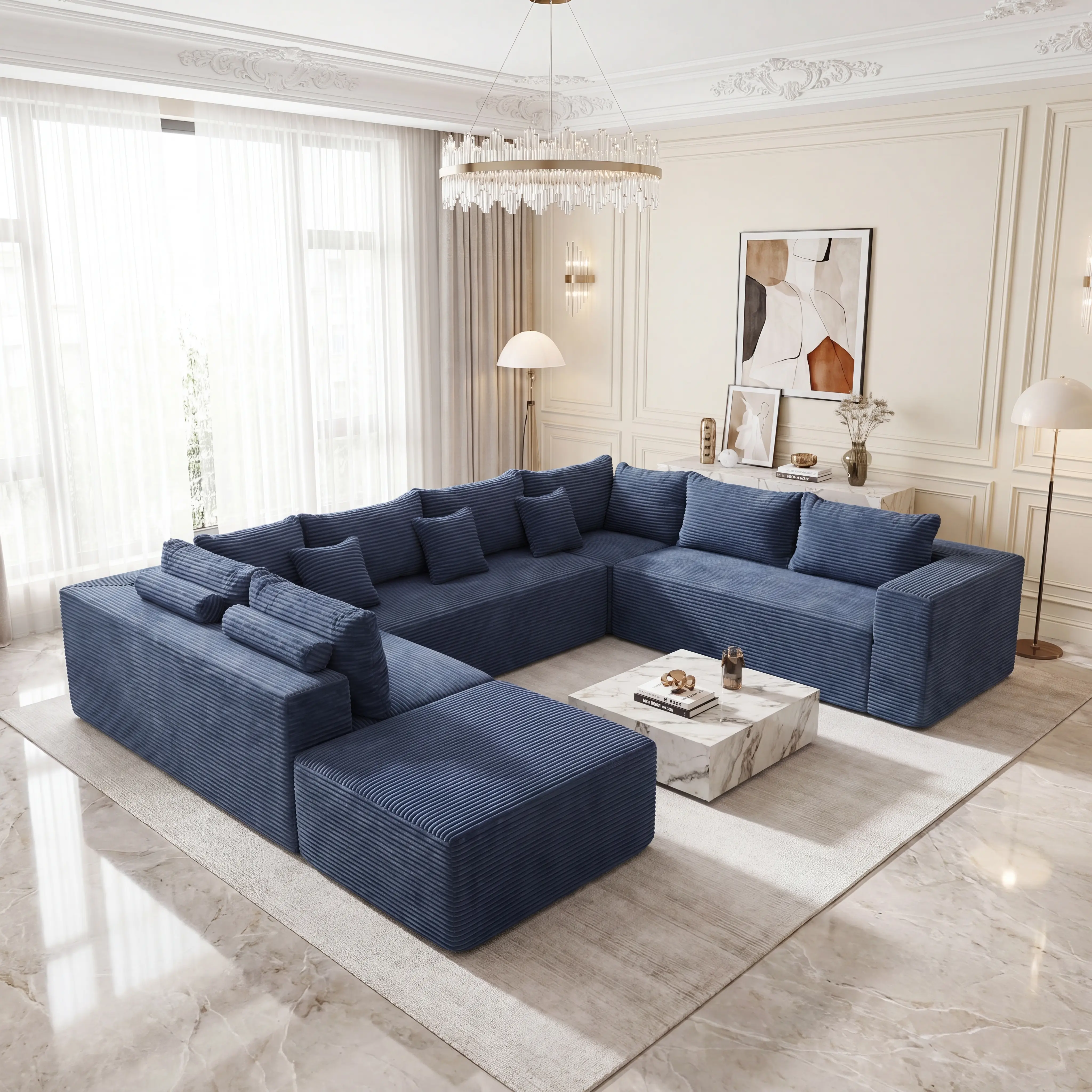 【JOYVELLEHEIM】U-Shaped Modular Sectional Sofa, 135" 6-Seater Boneless Couch with Ottoman & Chaise, 28" Deep Seat, Blue Corduroy Upholstery, Non-Slip Texture, No Assembly Required Living Room Furniture & Decor, Living Room Decor, Furniture Living Room
