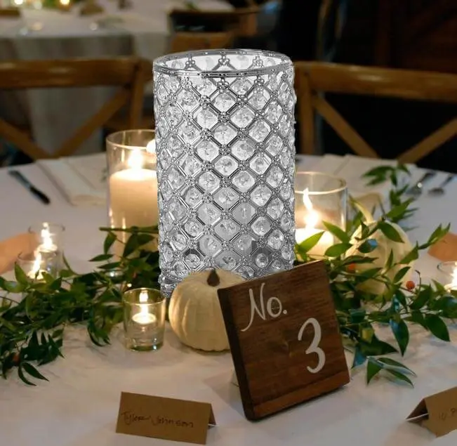 Metallic Silver 2-Pack 9 in Metal Crystal Beaded Pillar Candle Holders - Elegant Home Decor Vases for Table Decoration, Party, Wedding Events