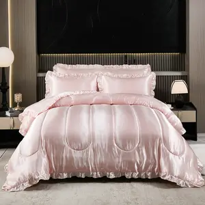 Silk Like King Comforter Satin Bedding 4 Pcs Hotel Soft Polyester Navy Blue Bed Set Luxury Silky Body Pillow Cover Ruffle Home Decor