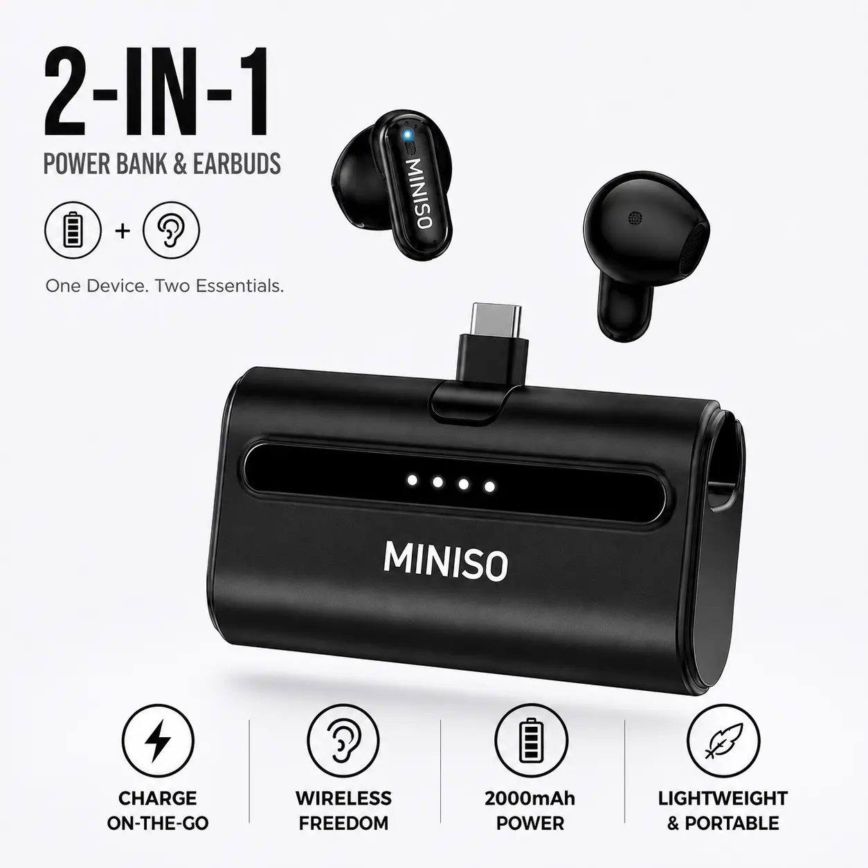 MINISO MS123 2-in-1 Power Bank & Wireless Earbuds, 2000mAh Portable Charger Case, Bluetooth Earphones for Travel chargeable