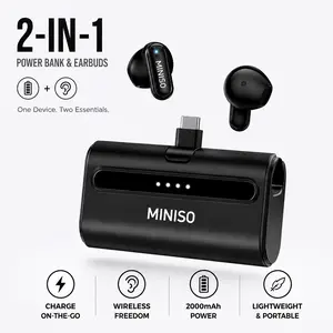 MINISO MS123 2-in-1 Power Bank & Wireless Earbuds, 2000mAh Portable Charger Case, Bluetooth Earphones for Travel chargeable