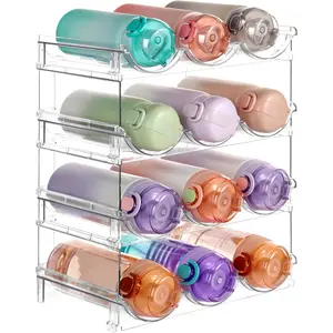 Stackable Water Bottle Organizer Holder, 4 Pack Clear Plastic Cup Storage Rack for Pantry Kitchen Cabinet Cupboard Countertop Organization and Storage, Hold 12 Bottles