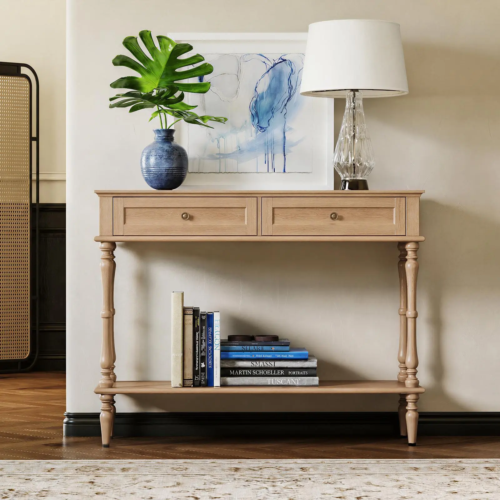 Entryway Table with Drawers, 40 Inch Slim Console Sofa Table, Wood Grain Top, Open Shelf, Home Decor, Farmhouse, Small Space, for Apartment Owners, Retro Style, Hallway, Living Room, Behind Couch, Hidden Storage & Easy Styling