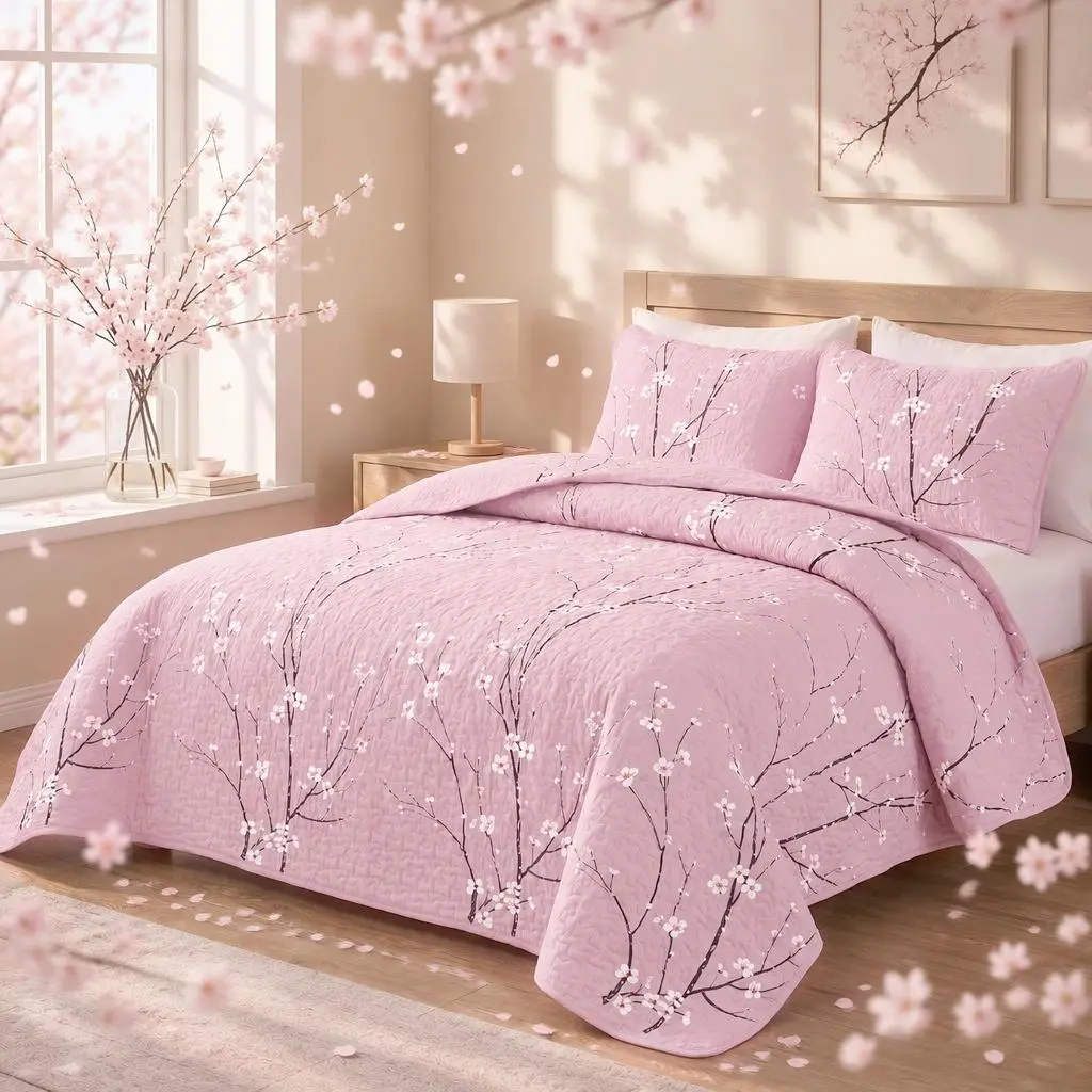 Cherry Blossom Flower Quilt Set Bedding Soft Breathable Ultra Fine Fiber Design Light Blue Gray Plant Pattern Machine Washable Duvet for Bedroom Guest Room Home Decoration