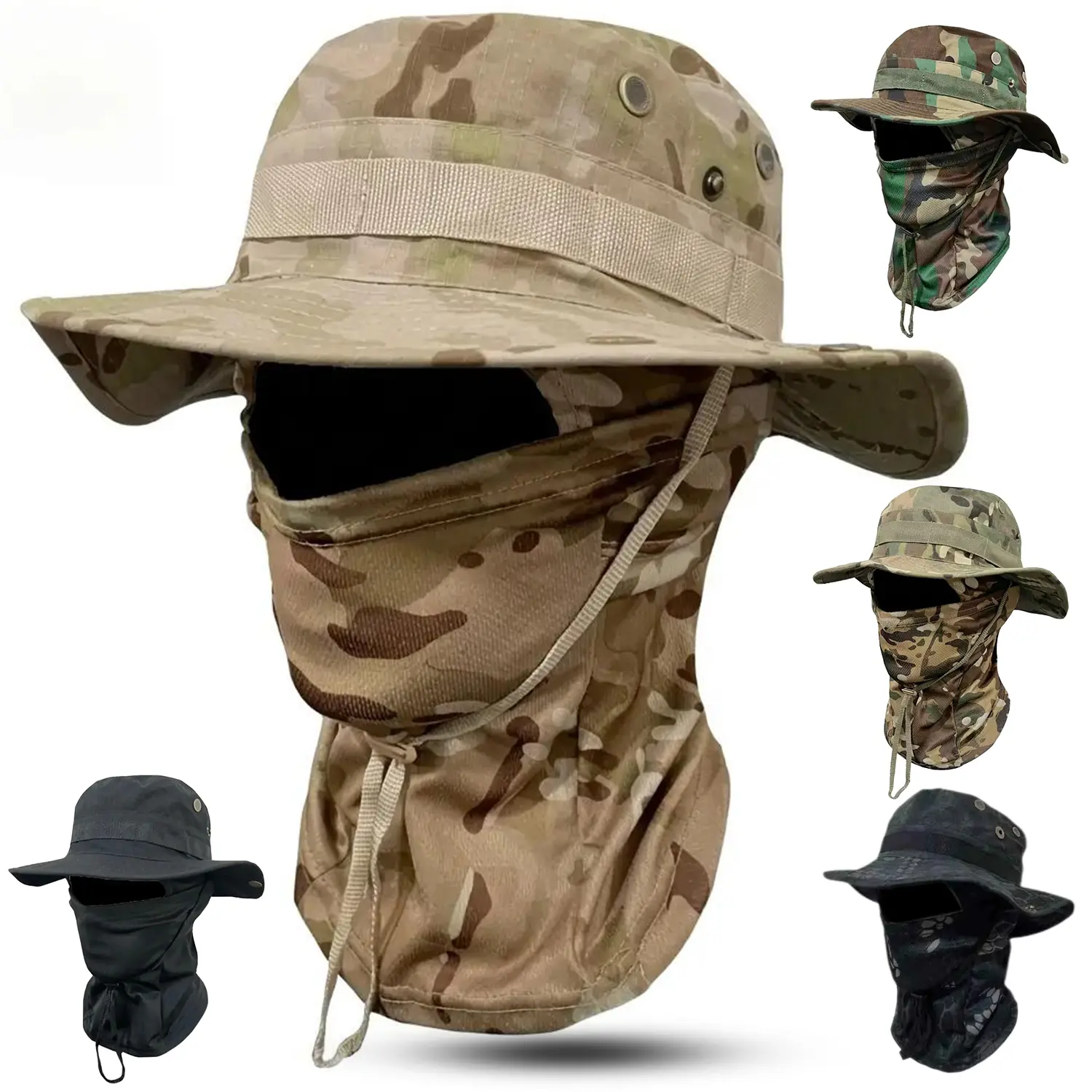 Camouflage Round-Edge Outdoor Bucket Hat Set, Drawstring Windproof Design for Travel, Mountaineering, Fishing, and Casual Outdoor Wear SpringStatements