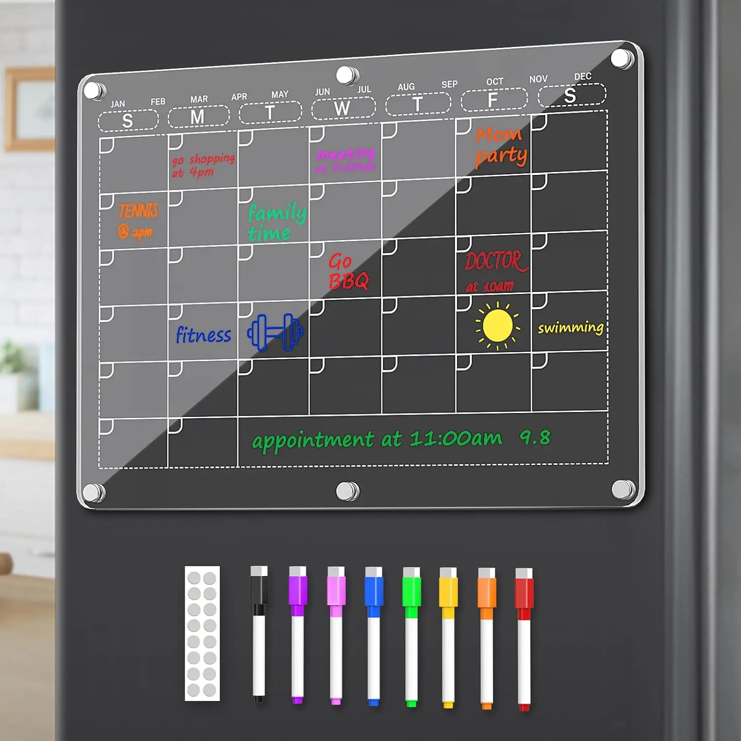 Acrylic Magnetic Fridge Calendar, Clear Dry-Erase Board Reusable Planning Set with 8 Colorful Markers, Weekly Planner, Fridge Mount with Strong Magnetic Grip, Wall Calendar Planner for Minimalist Living Room [New Deal]