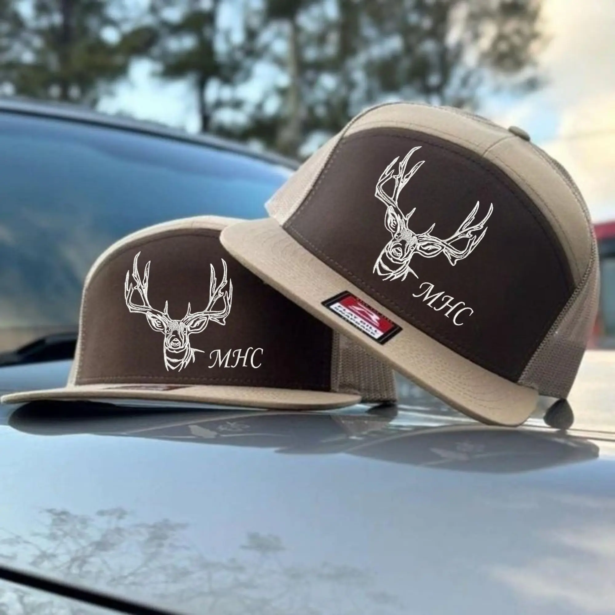MHC Deer Head 7-Panel Trucker Hat, Heritage Hunting Snapback, Outdoor Collection, Black, White, Gift For Him, Gift For Her