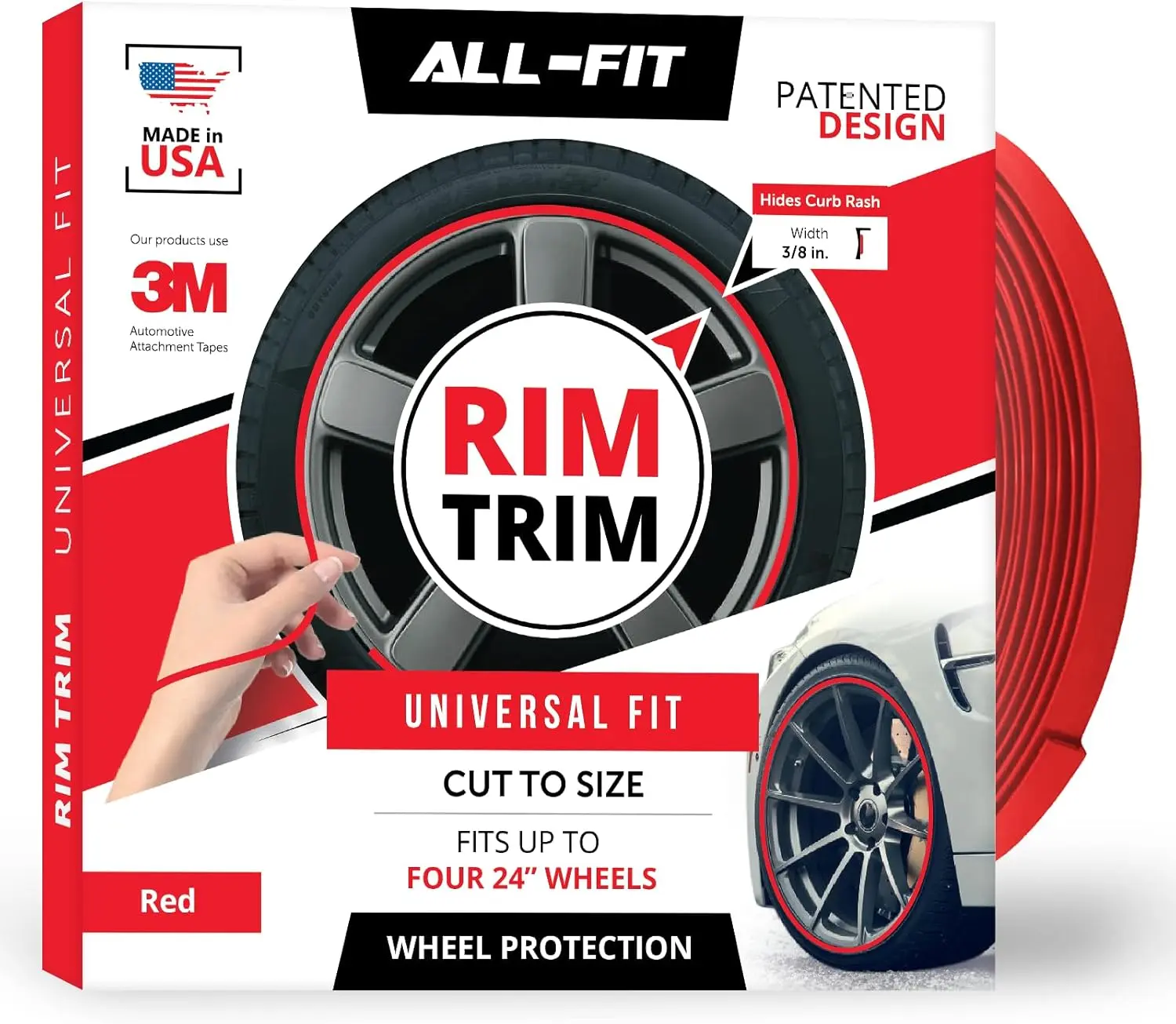 All-Fit Automotive Rim Trim Protector - 3/8" Cut-to-Size Wheel Edge Scuff Guard with Automotive Attachment Tape, Covers Up to 4x24" Wheels, DIY Installation Car Exterior Decoration Accessory