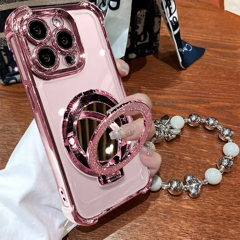 Women's Smartphone Casing with Mirror & Handheld Stand for iPhone 11/12/13/14/15/16 Pro Max,14/15/16 Plus,X,XS Max - Pink Chrome Alloy Frame, HD Transparent Material, Reinforced Corner Protection, Full-Body Drop-Resistant Cellphone Device Case