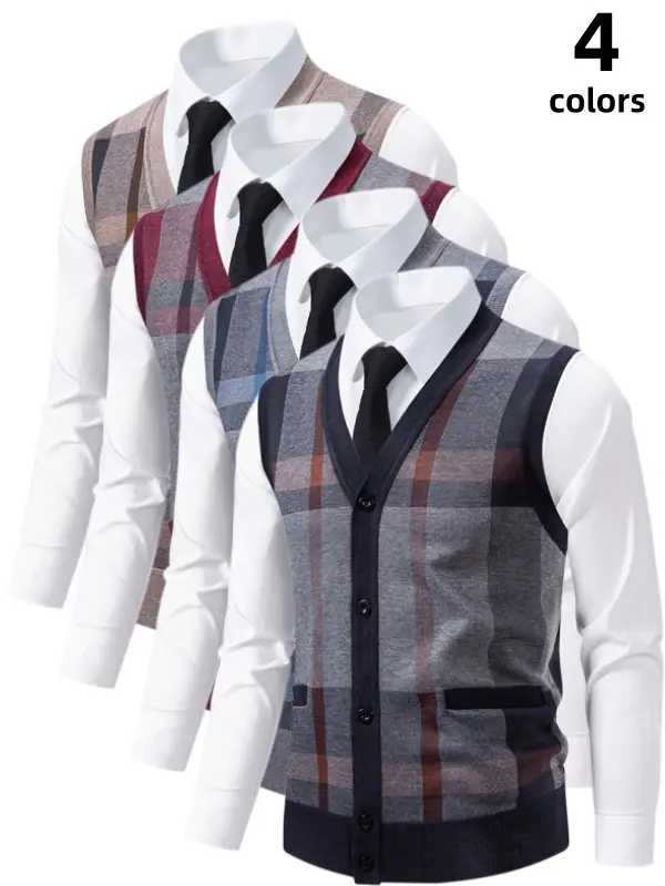 Men's Button Front Cardigan Sweater Vest Plaid Knit Waistcoat V Neck Sleeveless Check Gilet Great Value Soft Stretchy Warm Breathable Tailored Fit for Men Office Business School Fall Winter Daily Layering Outfits