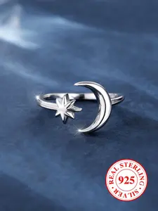 925 Sterling Silver Moon & Star Design Cuff Toe Ring, Fashionable Toe Ring for Women & Girls, Elegant All-match Fashion Accessories for Daily & Party Decoration, Exquisite Jewelry for Birthday Gifts