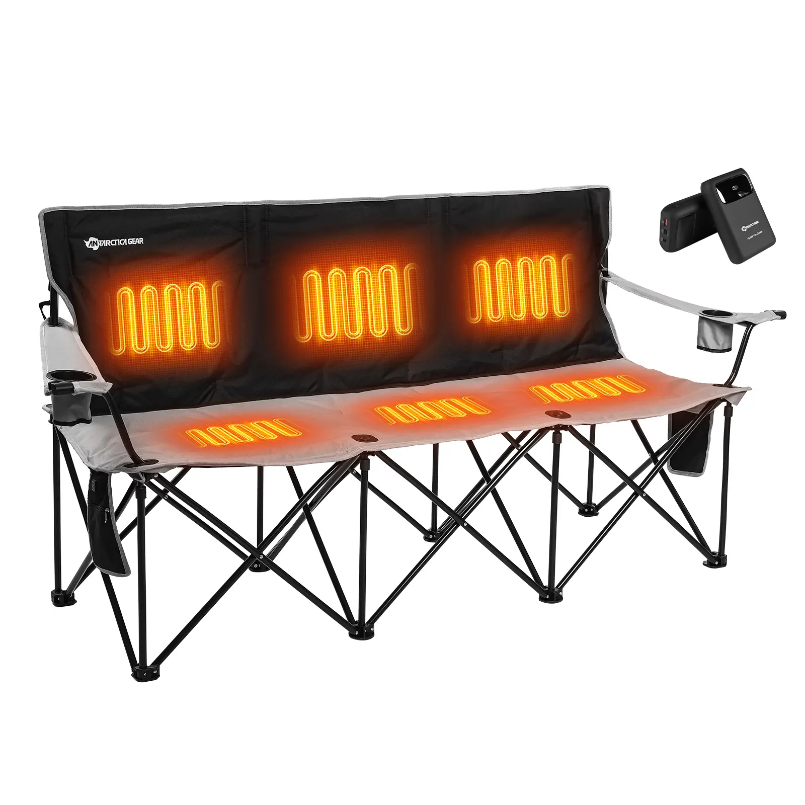 ANTARCTICA GEAR Heated Double Camping Chair - 12V 15000mAh Battery Pack, 6-Zone Smart Heating, 2 Wine Glass Slots, Dual Insulated Cup Holders, Heavy-Duty XL Folding Bench, 24 Months Coverage for Backyard Gatherings, Portable Adjustable Warmth Seating