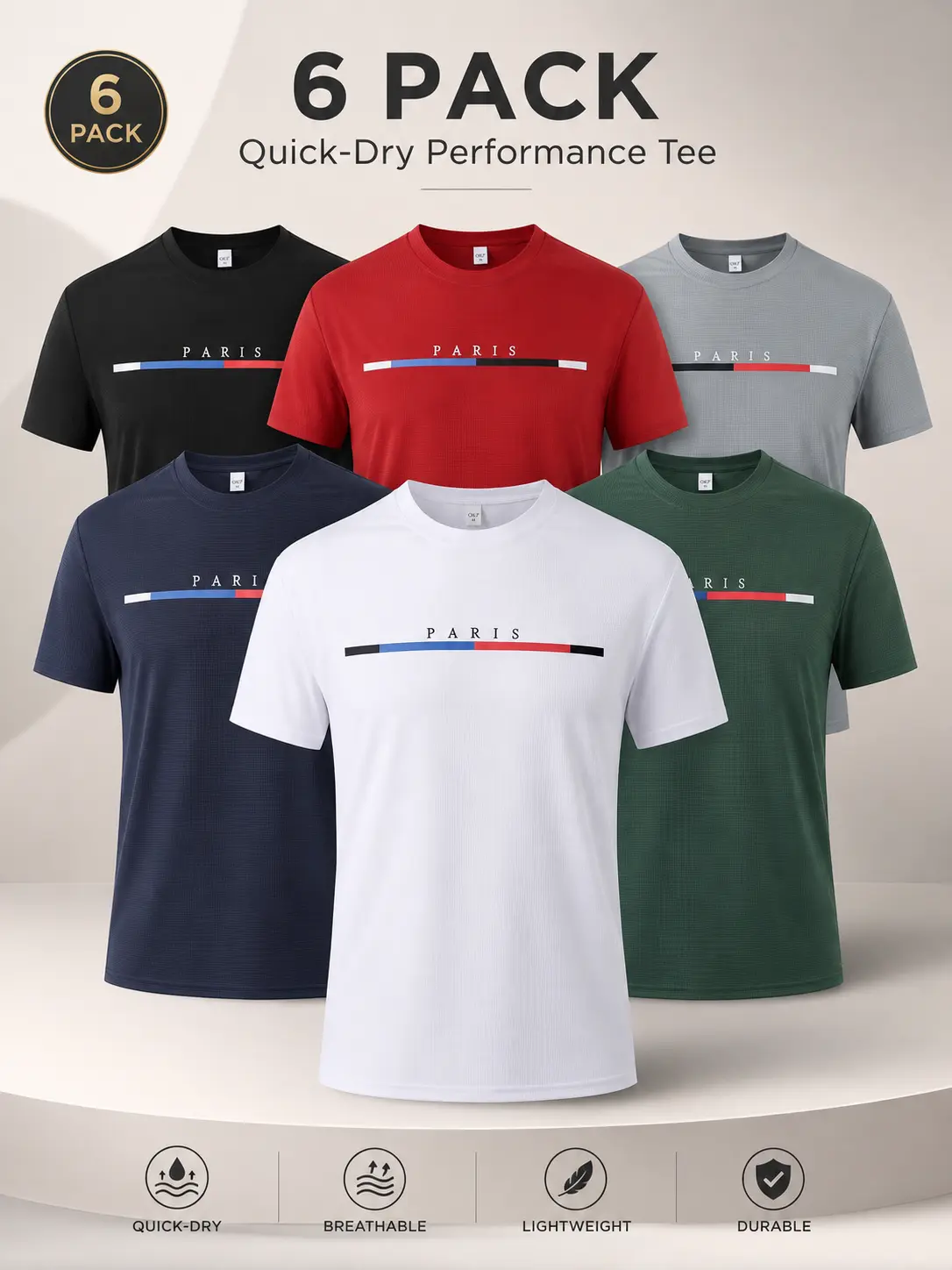 6-Pack Men's Performance Graphic T-Shirts, Quick Dry Moisture Wicking Micro Grid Crew Neck Tees, Sweat Concealing Printed Short Sleeve, Hydrophobic Anti-Shrink All Season Gym Workout Casual Shirts, Athletic Crew Neck