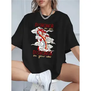 Women's Cotton T-Shirt with Mushu Dragon Print "Dishonor on You" Quote Casual Loose Fit Breathable St Material Trendy Graphic Tees for Daily Wear Perfect for Summer Outfits Themed Vintage Day the Sugar of Mexican Unisex Maternity Halloween T-Shirt Plus Si