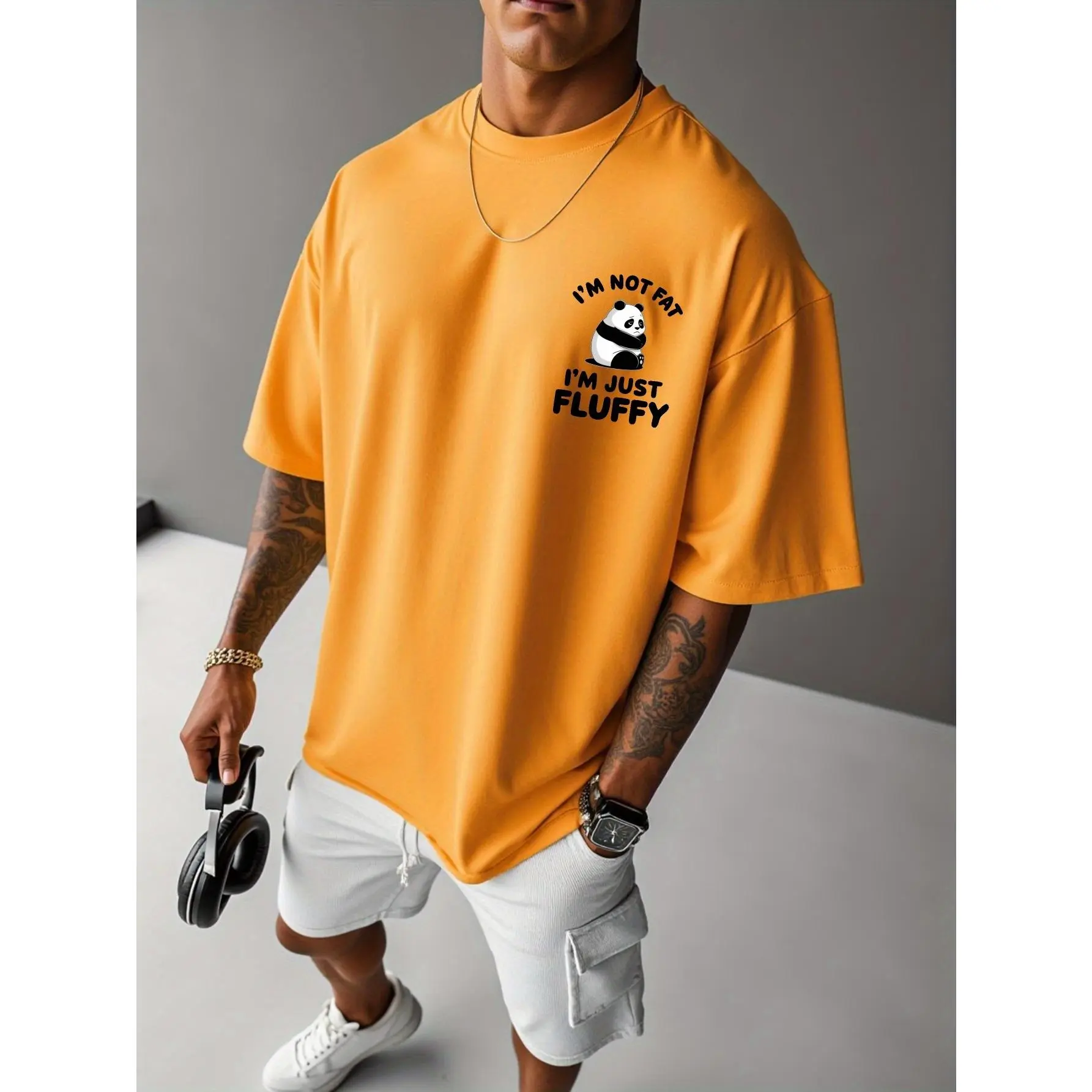 Men's Panda Print Streetwear T-Shirt, 100% Cotton Regular Fit Crew Neck Top, Casual Sports Menswear, Shortsleeve, Male, Sporty Chic, Round, Graphic, Machine Wash, Activewear, Athletic, Tshirt, Round Neck, Sportswear, Casual Tee, Fabric, Stretch