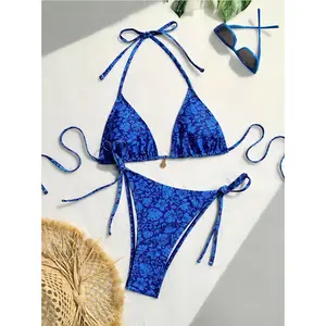 Summer Beach Women Vacation Floral Print Halter Strap Bikini Set Printed Randomly