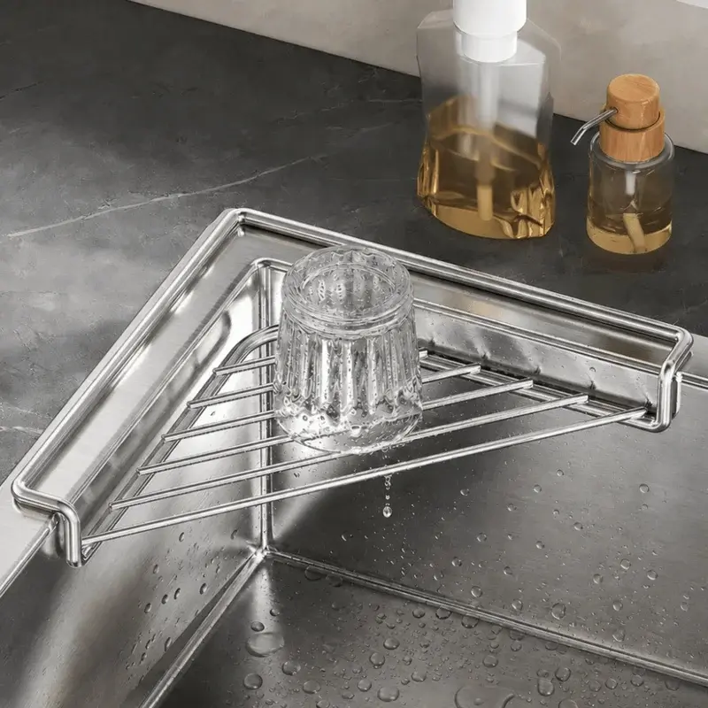 Stainless Steel Triangular Sink Drainer, Non-Slip Large Capacity Dish Drying Rack, Multifunctional Sponge Rag Holder, Space Saving Kitchen Organizer for Sink Corner Utensil Storage