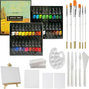 GC QUILL 36 Acrylic Paint Set - 54pcs Painting Supplies with 36 * 12ml Tubes, Paint Brushes, Palette Knives, Canvas, Easel, Sponge, Palette for Artist Painting on Wood, Ceramics, Fabric, Crafts