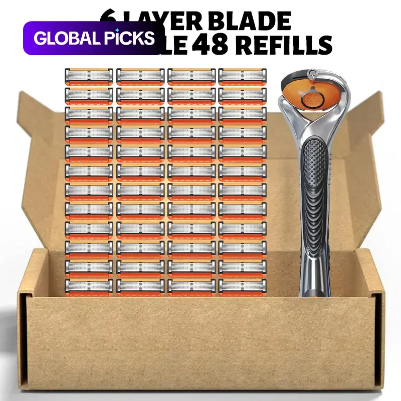 Razor Blade Replacement Set for Men, 48 Razor Blades with 1 Handle, Stainless Steel Handheld Razor for Daily Use #GLOBAL PICKS