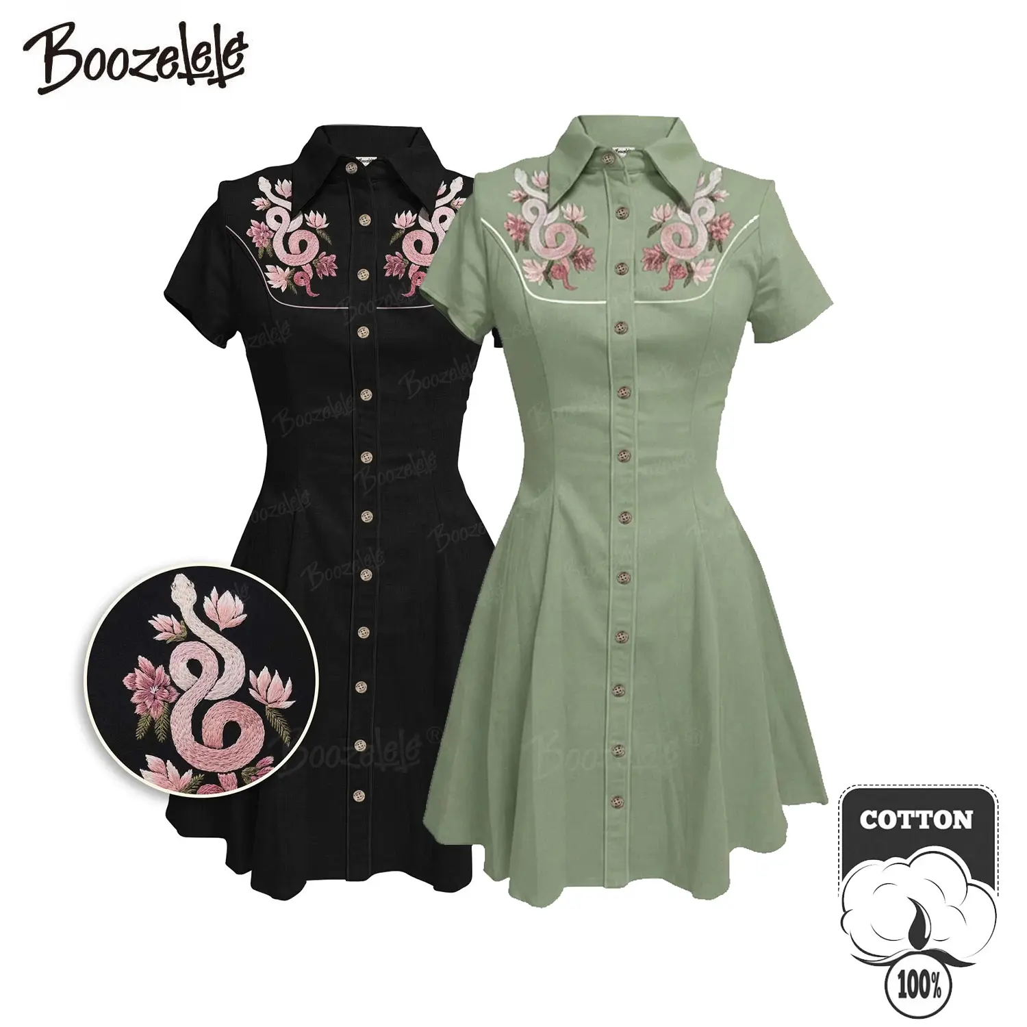 BOOZELELE Women's 100% Cotton Short Sleeve Button-Down Western Cowboy Shirt Dress with Floral Snake Embroidery, A-Type, M, Gothic Aesthetic, Cowgirl Casual, Going Out Wear