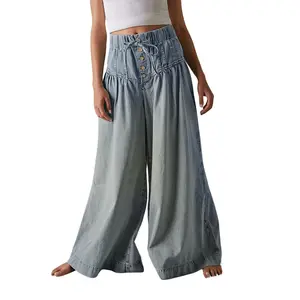 CHARTOU Women's Baggy Wide Leg Denim Pants Drawstring Midi Waist Flare Jeans Ruffle Pleated Button Jeans