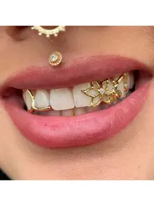 Silver Gold Teeth Grillz for Women Men Dental Grillz Grills Silver Tooth Cap Grillz Golden Tooth Jewelry CZ Diamond Flower Mouth Grills Men Hip Hop Outfits Custom Accessory Teeth Cover Girls
