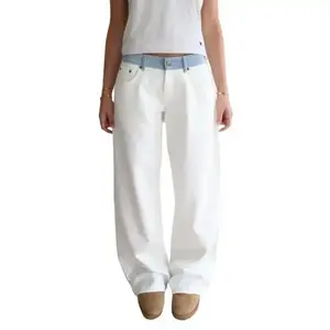 White Jeans with Blue Stripes Waistband With Poppers at the Side of the Waistband Straight Cigarette Pants Loose and Comfortable Women's Bottoms Can be used with raincoat